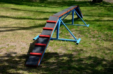 park for dogs. training ground for dogs. Tunnels and beams, obstacle courses of metal and plastic. design new playground for dog owners, blue, red, black