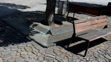 Kare şeklindeki kafes, bir ağaç gövdesi için dairesel bir delik, kaldırımlı bir meydanın ortasında ya da bir çatı katında. Altın bölmeli çelik paspas, süs parkı, döşeme, asfalt, bank.