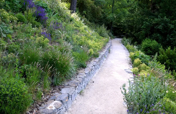 Yokuş aşağı kestirme yol. Yolun üstünde ve altında taş bir duvar var. Sonbahar parkında kanalizasyon ve metal şebeke ile doğa izleri. Her yıl kuraklık sarısı ile kaplanmış yamaçlar