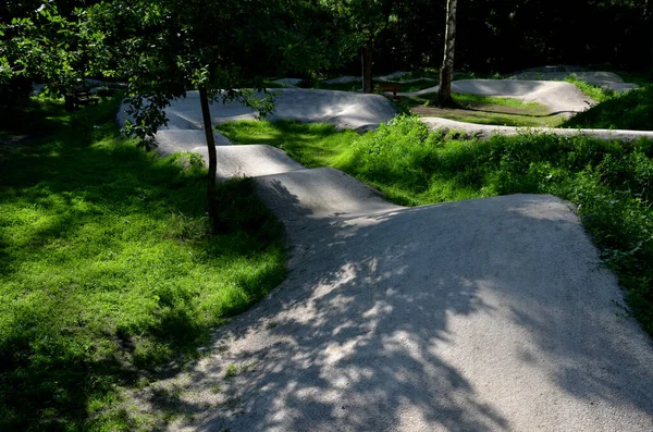 森林里有一条自行车道 一条一条一条 弯弯曲曲 挖在地面上 形成完美的形状 山地车 甚至适合孩子们 — 图库照片
