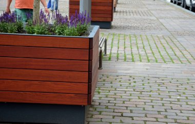 Meydandaki yolun yanındaki süs saksıları. yıllık çiçekler ve yuvarlak şekilli cüce çam ağaçları. Kare, küp küp küp, malzeme ahşap ve metalden yapılmış.