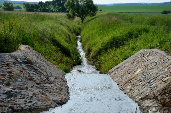 stone lining of bank at the mouth of the sewer pipe with a grate against the entry of persons into the treatment plant or industrial building. leftover toilet paper was trapped on the grille