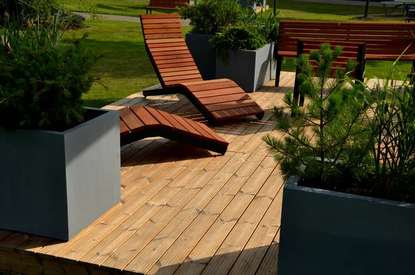 rocking chair on the pavement under the trees in the square. wooden deck chairs made of tropical wood for one person in the park. They are comfortable made of brown planks, slats steel frames, pine