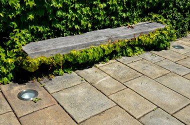 Doğal meşe ağacından yapılmış park bankları olan bir meydan. Bagajı bir blok şeklinde kesilmiş. Granit asfalt ve taş duvarlar. Dekoratif çemberlerdeki ağaçlar