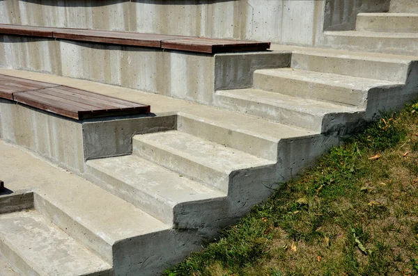 wooden stairs by the terrace or theater outdoor podium classroom outdoor school lessons in coronavirus time. It is safer to teach children outside in parks and gardens in the school yard