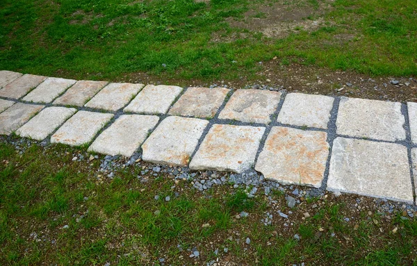 Stepping Path Concrete Tiles Lawn Straight Row Concrete Walkway City — Stock Photo, Image