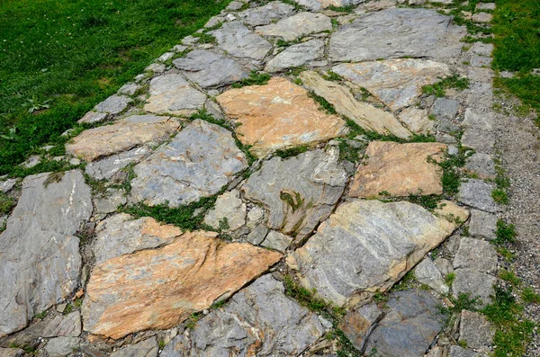 nature paths in the park made of fine rolled trowel. irregular stone paving is overgrown with individual tufts of grass. it gives an untreated neglected impression.