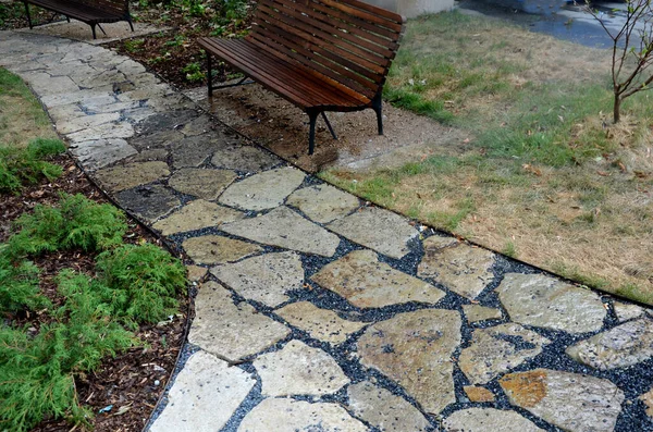 Gray Stone Garden Stone Nature Path Arches Lawns Covered Snow — Foto Stock