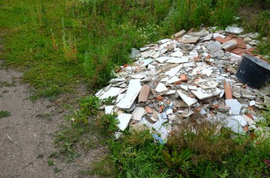 piles of waste, tiles and rubble from the construction illegally dumped from a truck into nature, into a meadow. it spoils the environment and the expensive costs of cleaning and recycling