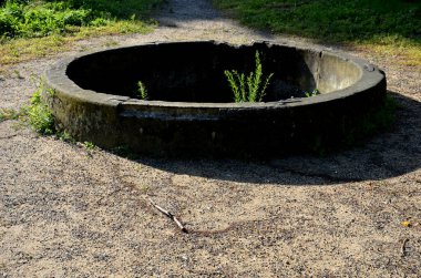 old stone sandstone carved fountain converted into a pond with water lilies and irises. formerly a watering hole for horses. formal garden with lawn, gravel yard of the castle garden, one piece