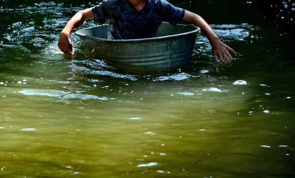 Boys Sail Boat Made Old Tin Tubs Bucket Barrel Bowl — Photo