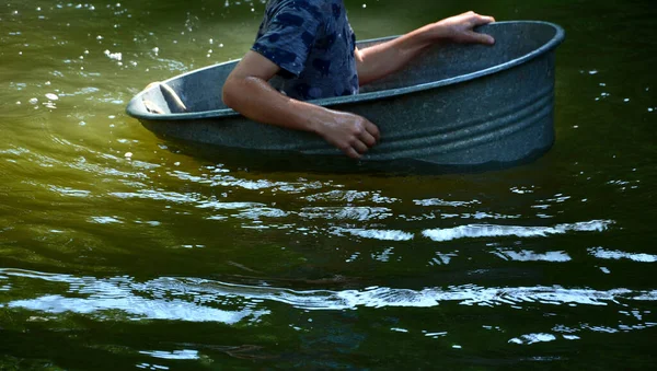 Boys Sail Boat Made Old Tin Tubs Bucket Barrel Bowl — Photo