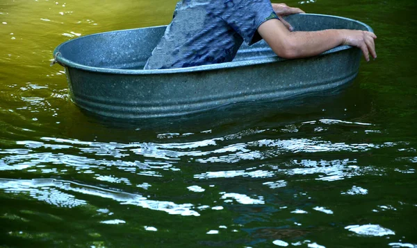 Boys Sail Boat Made Old Tin Tubs Bucket Barrel Bowl — 스톡 사진