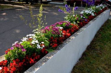 elongated white brick flower pots are part of a retaining wall with flower plantings in a city park near an underpass