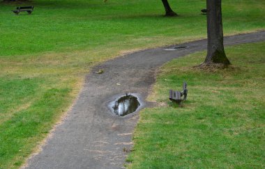 a deserted park with a puddle of water right in front of the bench. sad scenes of neglected public parks, which instead of recreation, rest and well-being, lead visitors to severe mental depression