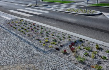 pedestrian crossing with dividing island between lanes. arches with road markings planted with dry-loving flowers along the street. gardening. luxurious stone curbs and paving of the promenade