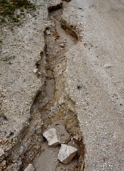 erosion grooves after rains in a dirt road. deep ground after a storm. lack of drainage will cause serious damage to the surface of the bike path or the forest timber yard