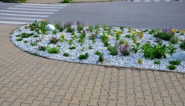 Süslü çiçek tarhı. Gri granitten yapılmış taşlar, şehir bahçesinde saman taşları, çayırlar, süs otları, havuzun kenarında çimenlik çakıl taşları.