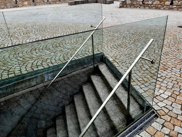 ivy surrounds a glass railing near the house. it must be kept down by the cut, otherwise it will climb and crawl high. glass panes as railings with stainless steel handle