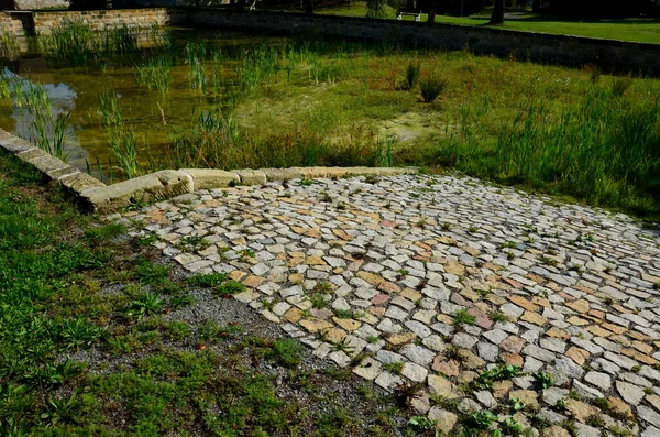 restoration of a pond with a stone wall buried under the terrain. fire tank with beveled stone paved ramp. stone blocks joined with mortar. the habitat is water and a growth of reeds