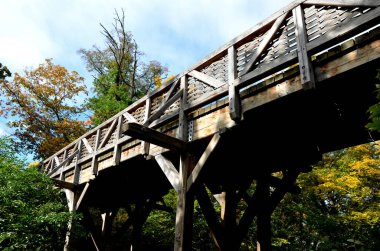 Ortaçağ meşe ağacı, sürgülenmiş. Hendeğin üzerindeki köprü. Korkuluklar devasa kirişlerden yapılmıştır. Bu kirişler arasında birkaç ince meşe çubuğu dikey bükülme arasında örülmüştür. Hasır sepet örer gibi zigzag..