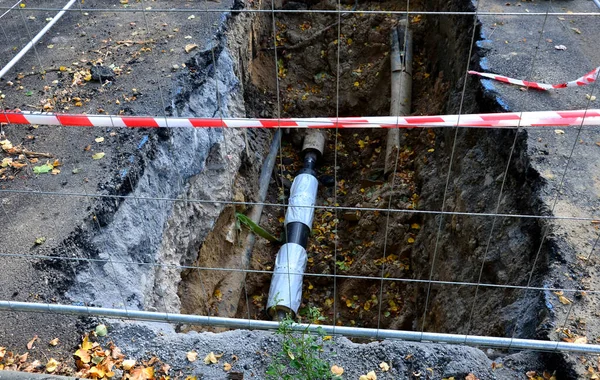 Laying Gas Pipe Ground Environment Does Damage Electric Poles Excavation — Stock Photo, Image