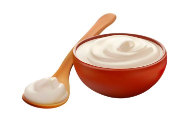 Tahta kaşığın yanındaki kasede ekşi krema. 3B vektör grafikleri