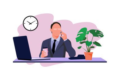 Masadaki işçi cep telefonuyla konuşuyor. Vektör illüstrasyonu