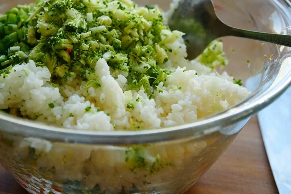 Glass Bowl Rice Broccoli Vegetarian — Stock Photo, Image