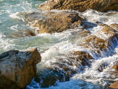 Deniz kenarındaki kaya adası resif dalgaları