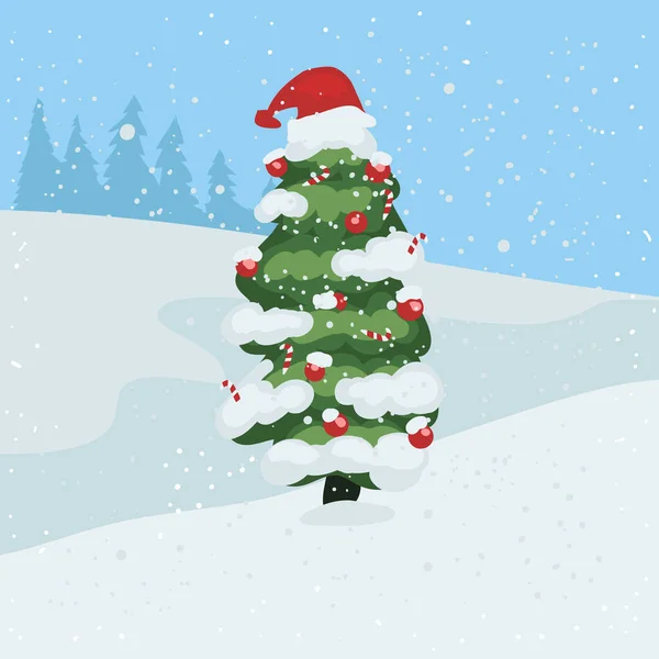 Schnee Fällt Auf Weihnachtsbaum Illustration — Stockvektor