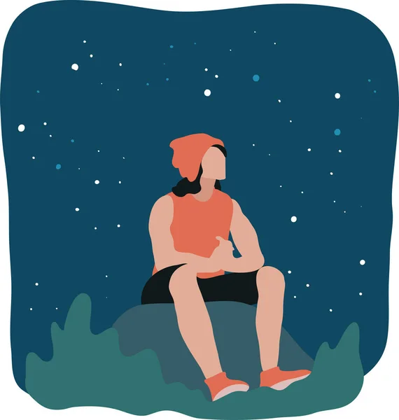 一个孤独的男人坐在山上观看夜空 — 图库矢量图片
