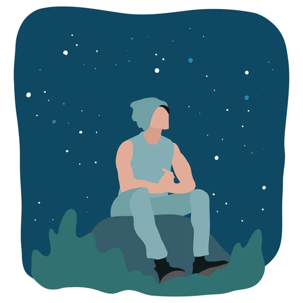 Homem Solitário Sentado Uma Montanha Para Assistir Céu Noturno — Vetor de Stock
