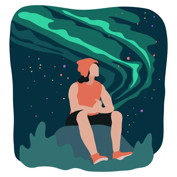 一个孤独的男人坐在山上观看夜空 — 图库矢量图片