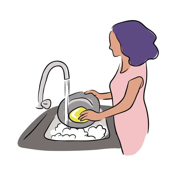 Женщина Стирает Посуду Клип — стоковый вектор