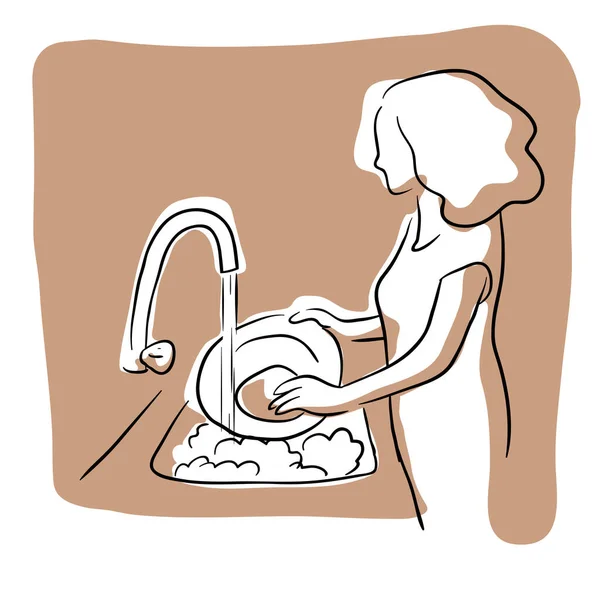 Woman Washing Dishes Line Art — стоковый вектор