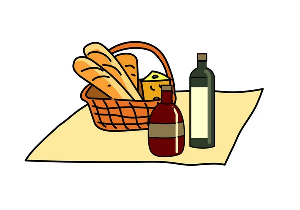 Picnic Outdoor Makanan Dengan Botol Anggur - Stok Vektor