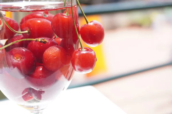 Cherry Fruit Glass Water Drops Beautiful Background Organic Food — Stockfoto