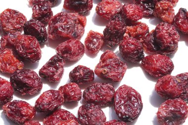 Beyaz arka planda sulu, kurutulmuş kızılcıklar.