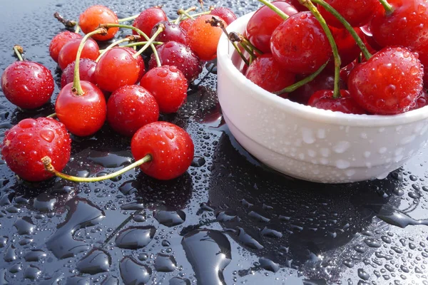 Cherry Fruit Black Background Water Drops Beautiful Background Organic Food — ストック写真