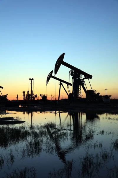 Campo Petrolífero Por Noche Bombas Aceite Están Funcionando Silueta Unidad —  Fotos de Stock