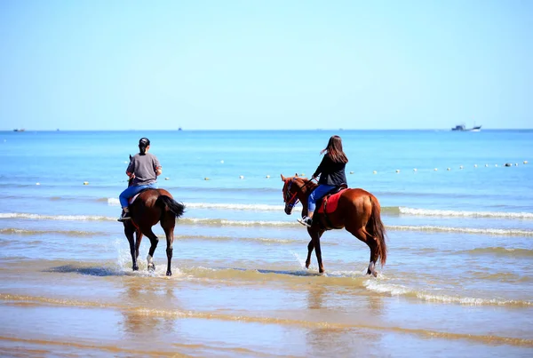 Rennpferd Und Jockey Galoppieren Strand Rennpferde Und Jockeys Wetteifern Strand — Stockfoto