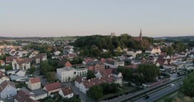 Aerial drone shot above river with view to landmarks