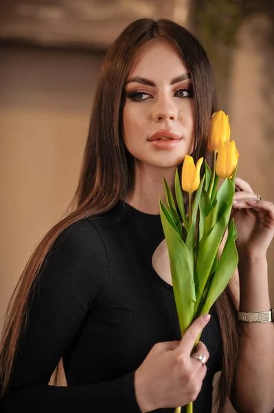 Beautiful Young Woman Tulips Hands Wooden Background —  Fotos de Stock