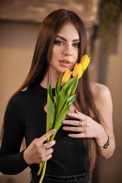 Beautiful Young Woman Tulips Hands Background Wooden Wall — Stockfoto