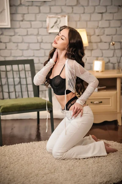 Beautiful Young Woman Black Dress Posing Sofa — Stockfoto