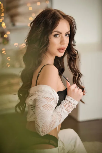 Beautiful Young Woman Long Hair White Dress Posing Room — Stockfoto