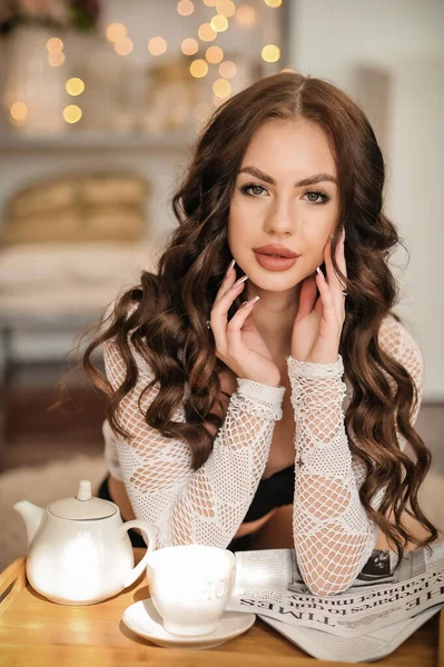 Beautiful Young Woman White Sweater Cup Coffee Cafe — Stockfoto