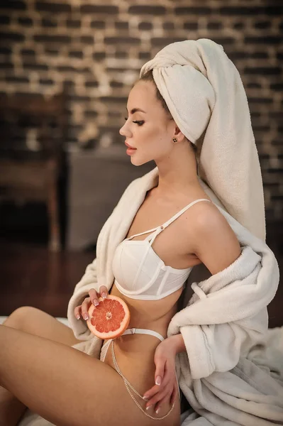 Beautiful Young Woman Towel Her Head White Bathrobe Bath — Foto de Stock