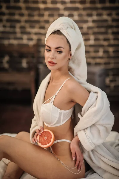 Beautiful Young Woman Towel Her Head White Bathrobe — ストック写真
